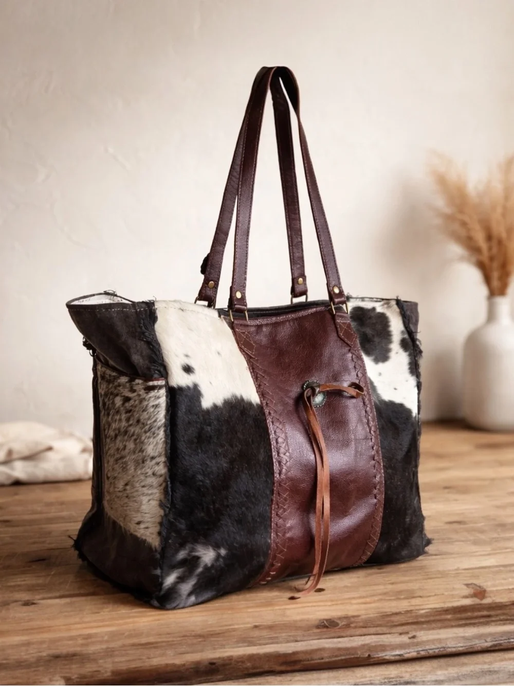 Myra Bag Cowhide Weekender Tote Overnight Leather Western Boho Shoulder Carry-on - Picture 3 of 13